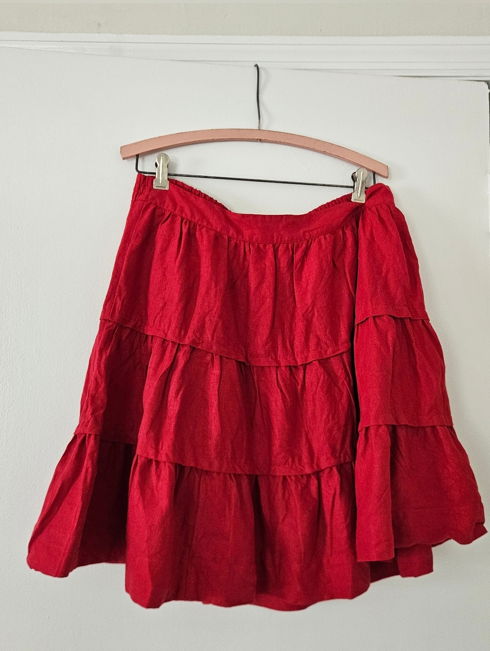 Soft Surroundings Skirt L Tiered Linen Red Americana Pin-Up Pull on Flirty Fairy